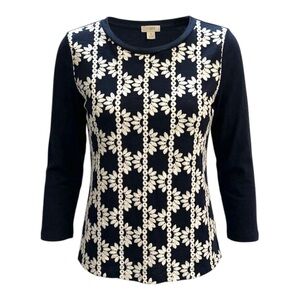 J. Crew Boho-Chic Navy Blue Embroidered 100% Cotton Crop Sleeve Top Size Medium